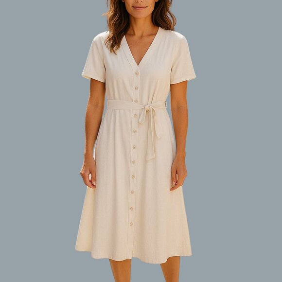 Taylor Dresses & Skirts - TAYLOR Ivory Button-Front Midi Dress with Waist Tie – Size M